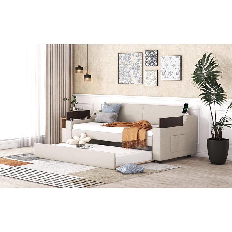 Lit de jour simple avec rangement et lit gigogne Design Beige