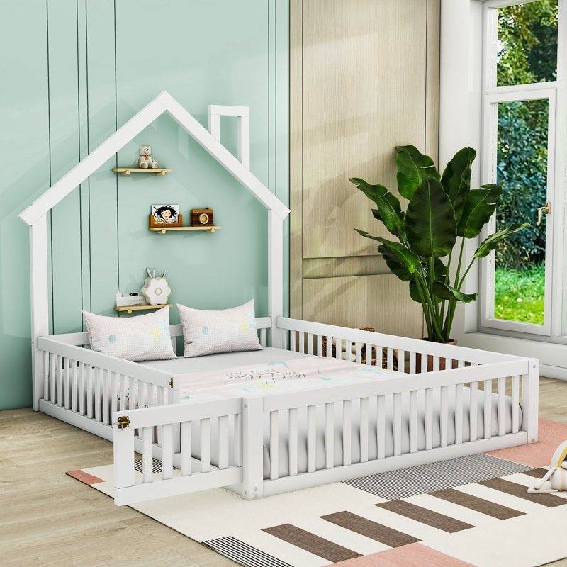 Lit plateforme double en bois avec garde-corps et tête de lit, Blanc