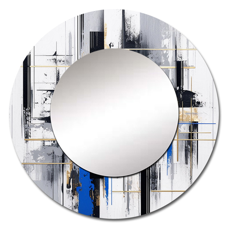 Blue Gold Bold Stripes II - Cubism Round Mirror 36 Inch, 29" x 29"