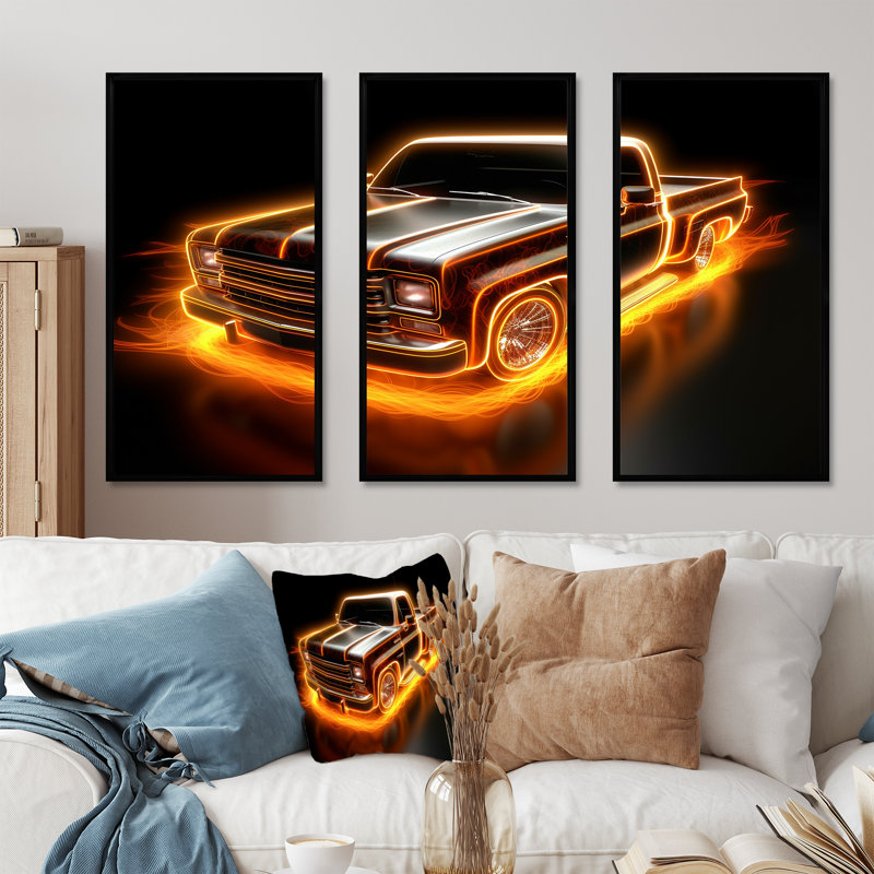 «Neon Light Strips Orange Pickup Truck», ensemble d'art sur toile camionnette, Cadre flottant noir