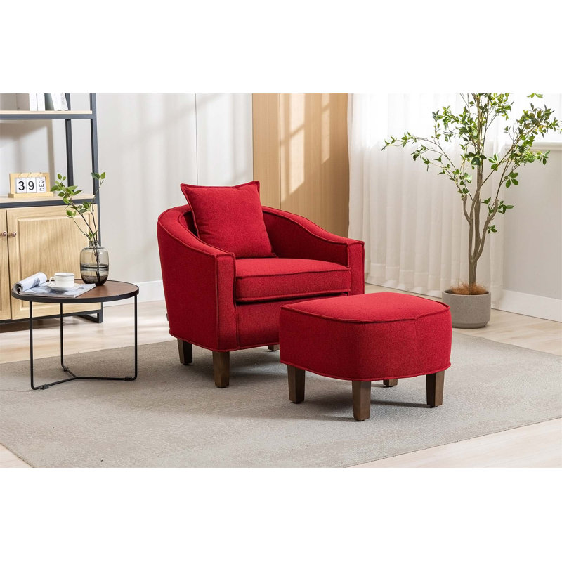 Confortable fauteuil d'appoint Mid-Century moderne avec repose-pieds pour la détente, Lin rouge