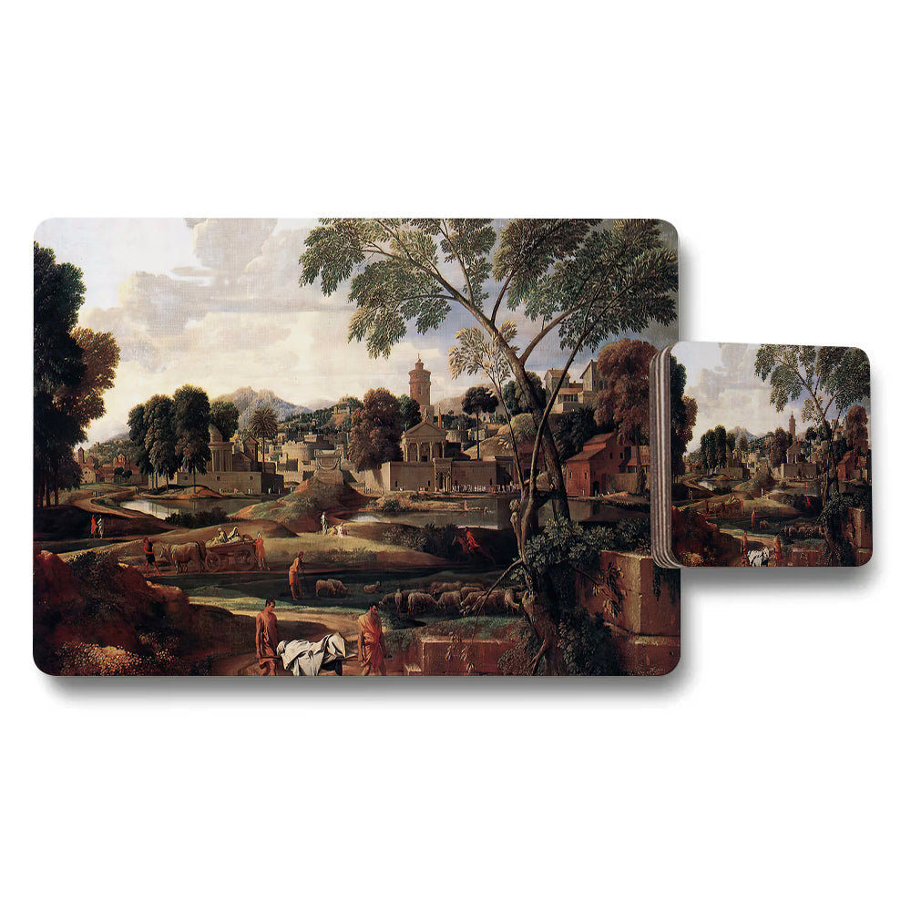 Vintage Landscape Placemat And Coaster Set With Riverside Town Scene