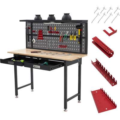 Heavy Duty Garage Workbench w/Pegboard, Wood Workbench with Tool Storage,Power Strip,LED Lighting,Industrial Work Table w/Drawers,Hanging Kits for Garage,Workshop,Basement