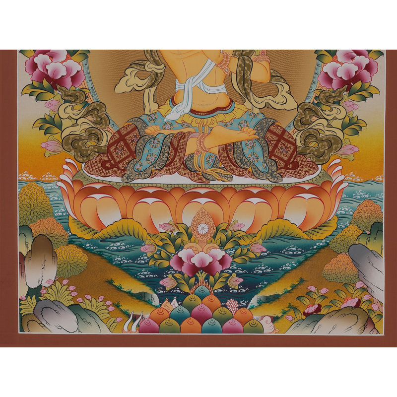 Art mural Manjushri Thangka - divinité bouddhiste tibétaine peinte à la main, toile sans brocart avec or 24 carats, décor de méditation des Lumières