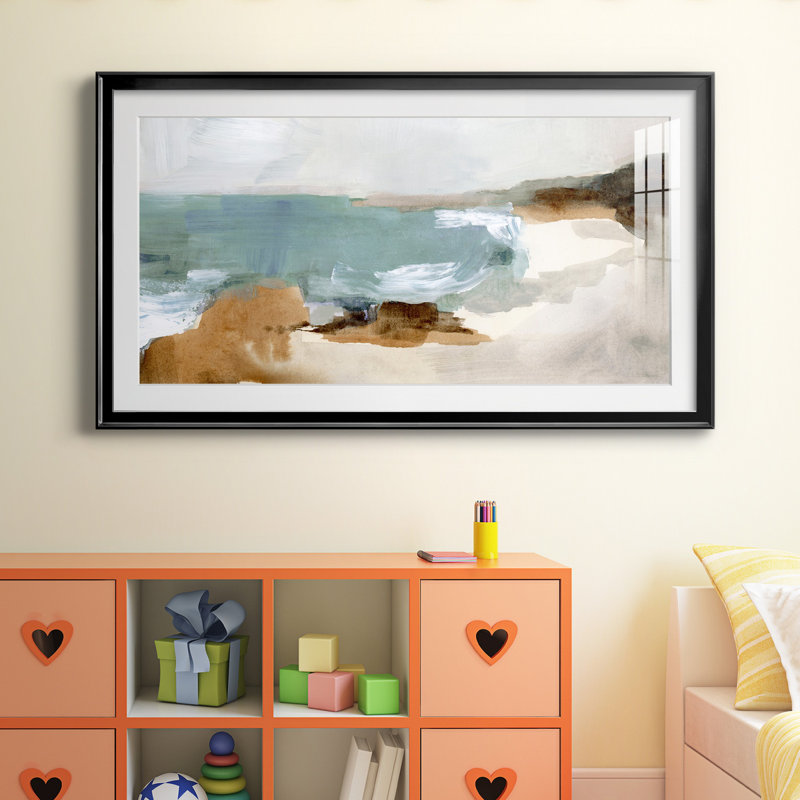 «Ocean Sigh IV» - peinture encadrée, Papier encadré noir, Blanc, H 14,5 po x l 26,5 po x P 1,5 po