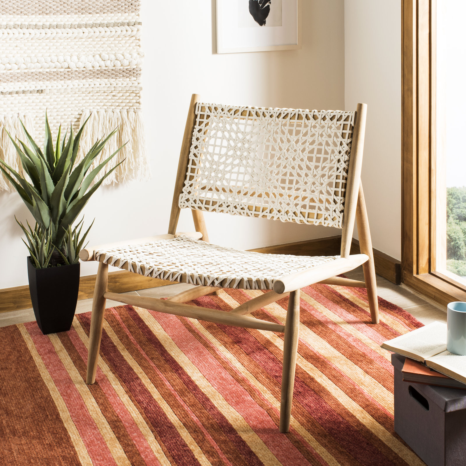 Kazbah Teak Genuine Leather Side Chair, White Genuine Leather/Natural Teak