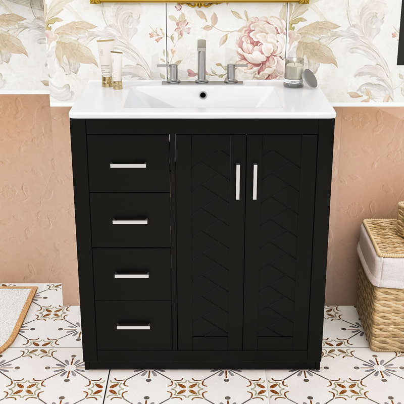 Armoire de salle de bain Farmhouse avec lavabo en céramique, 3 tiroirs et portes à fermeture douce, Noir