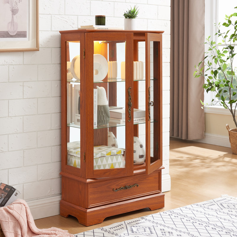 Vitrine lumineuse en verre avec tablettes réglables - Élégante vitrine à 2 portes et tiroir intégré, y compris l'ampoule - chêne foncé