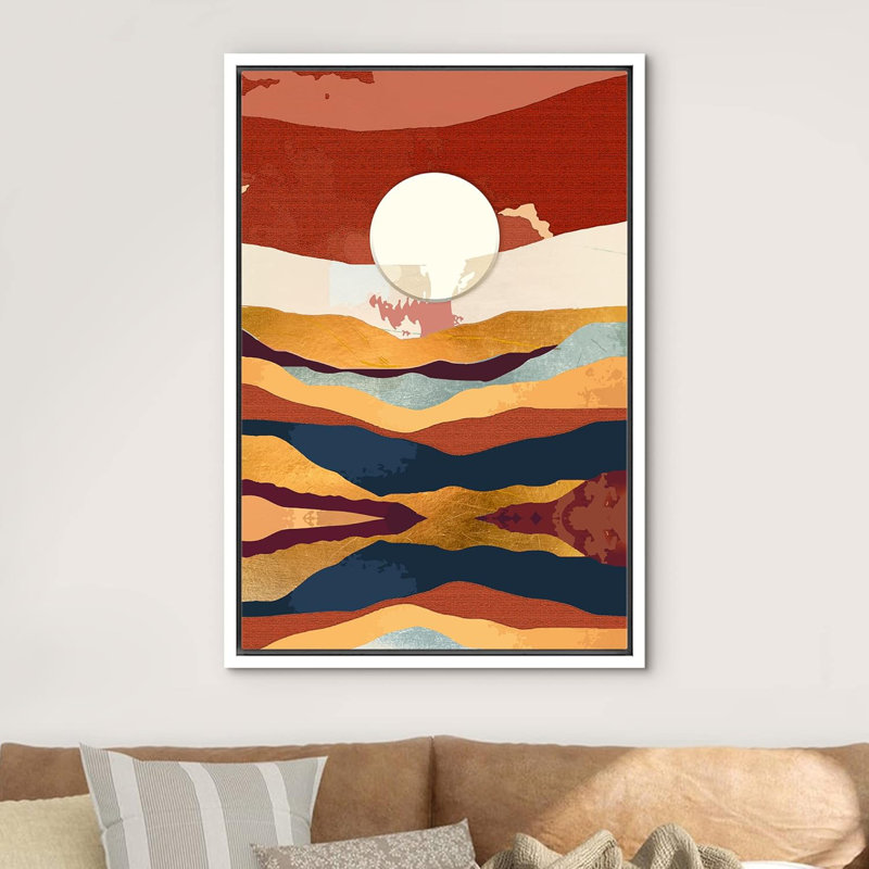 Soleil, chaîne de montagnes, rouge, paysage abstrait, illustrations, moderne, rustique, H 36 po x l 24 po, Blanc