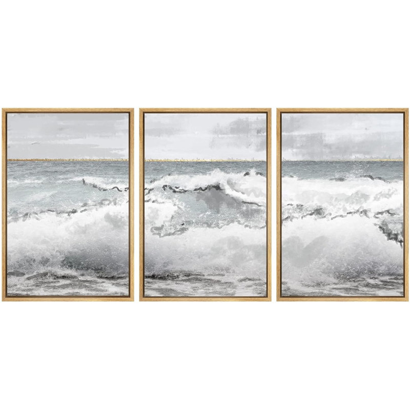 «Crashing Wave Ocean Beach Seascape», impression sur toile 3 pièces, H 24 po x l 48 po x P 1,5 po, Naturel