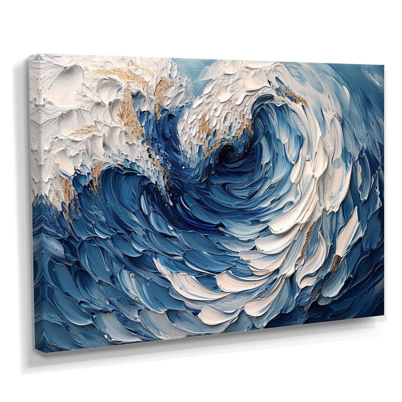 «Deep Blue Waves Wildness» - art mural vagues côtières, Toile tendue, H 16 po x l 32 po