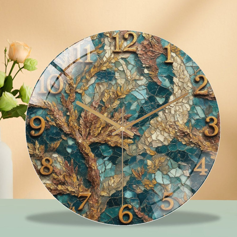 Golden Tree Mosaic Clock Art - 12'' Modern Glass Wall Clock