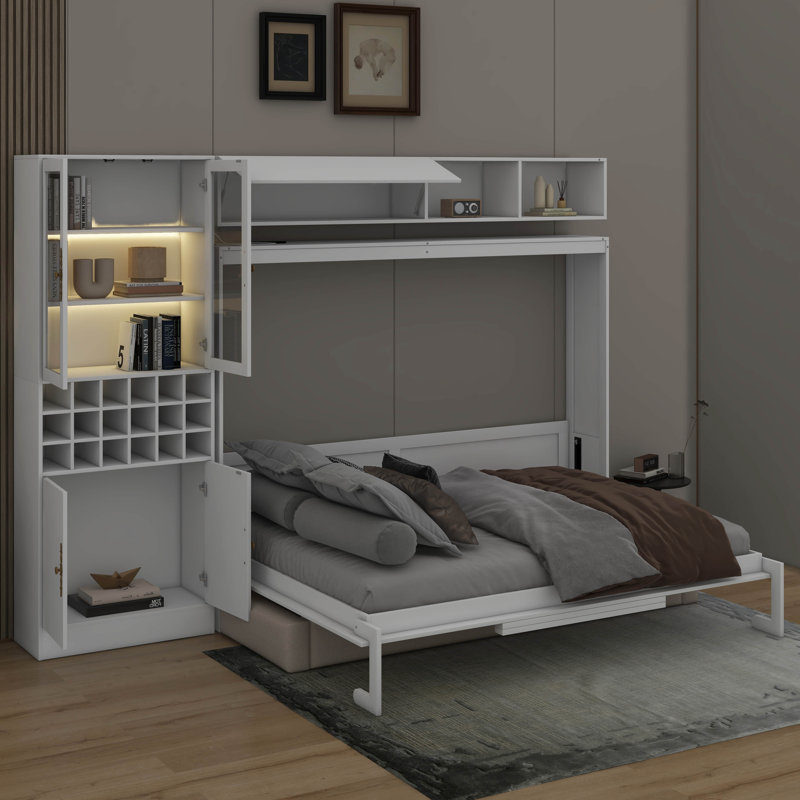 Murphy Bed Wall Bed With Sofa，USB & Light, White, Queen