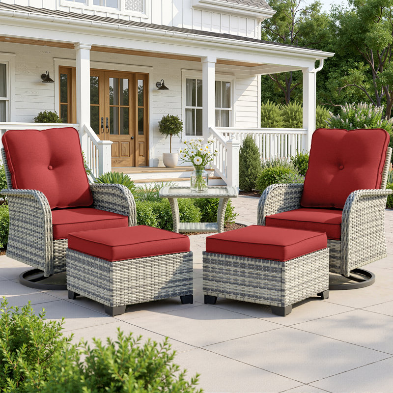 5-Piece Outdoor Swivel Glider Chair Set With Cushions, Ottomans And Side Table, Red