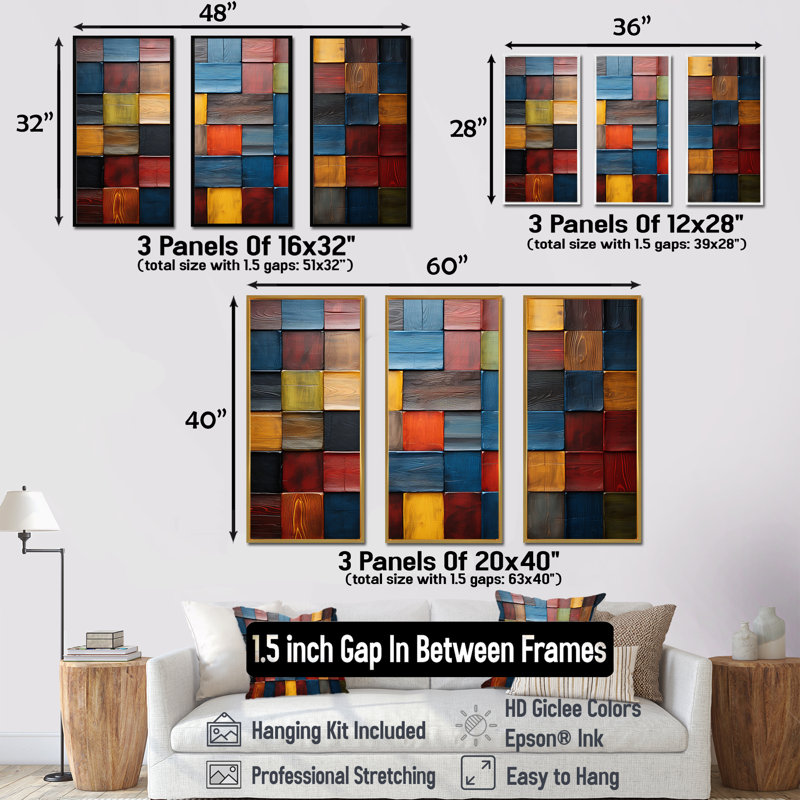 Carreaux colorés de couleurs terreuses V - mosaïque boho, H 28 po x l 36 po x P 1 po, Cadre flottant noir