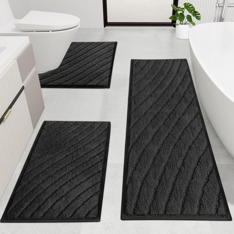 Super Absorbent Non-Slip Bathroom Rug Mats (Set of 3), Black