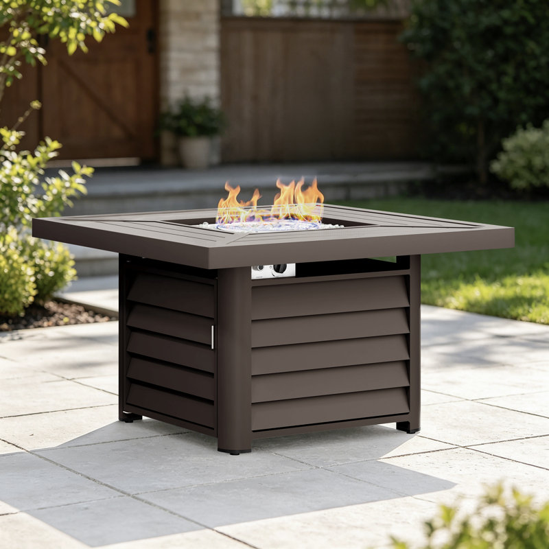 Table de foyer d'extérieur au propane en aluminium avec couvercle Baecher, Brun, H 24,61 po x l 41,9 po x P 41,9 po