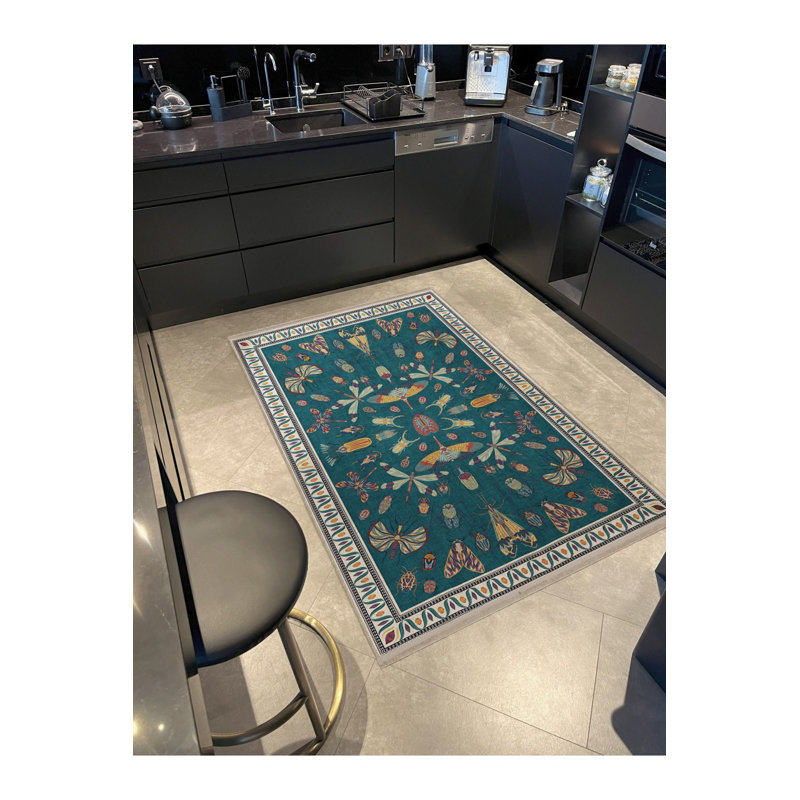 Tapis lavable décoratif bleu à motif papillon, Sous-tapis rectangulaire 2 pi 4 po x 3 pi 11 po