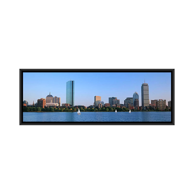 Bâtiments au bord de l'eau, Back Bay, Boston, Massachusetts - reproduction d'art sur toile tendue, Toile avec cadre noir