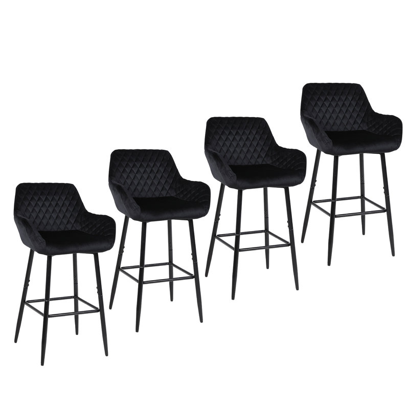 Bar Stools Set Of 4, Velvet Fabric With Backrest And Armrests, Auitable For Kitchen, Home, Bar, Counter, Black
