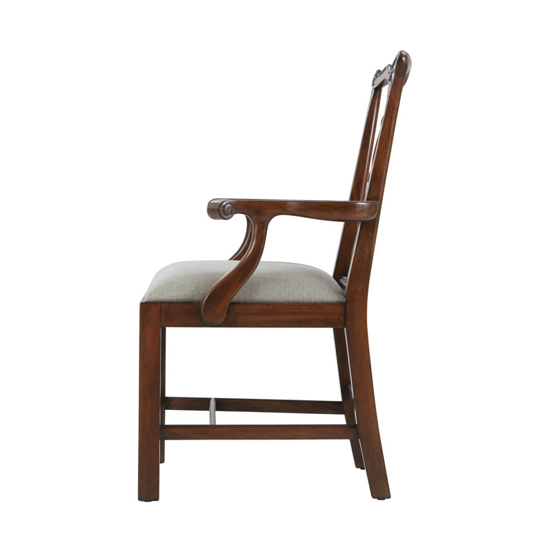 Mahogany Chippendale Upholstered Arm Chair with Gray Seat