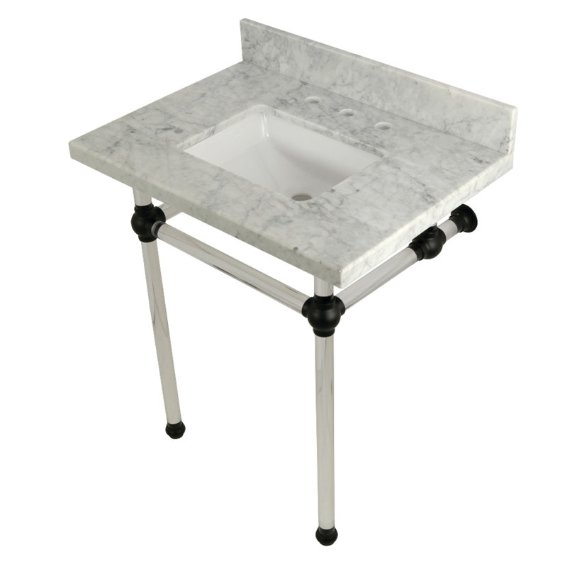 Kingston Brass Templeton 30-Inch Vanity Top with Clear Acrylic Legs (8-Inch, 3-Hole), Carrara Marble/Matte Black