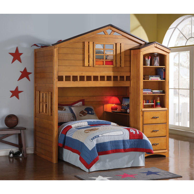 Rustic Oak Twin Loft Bed with Storage Drawers and Slats