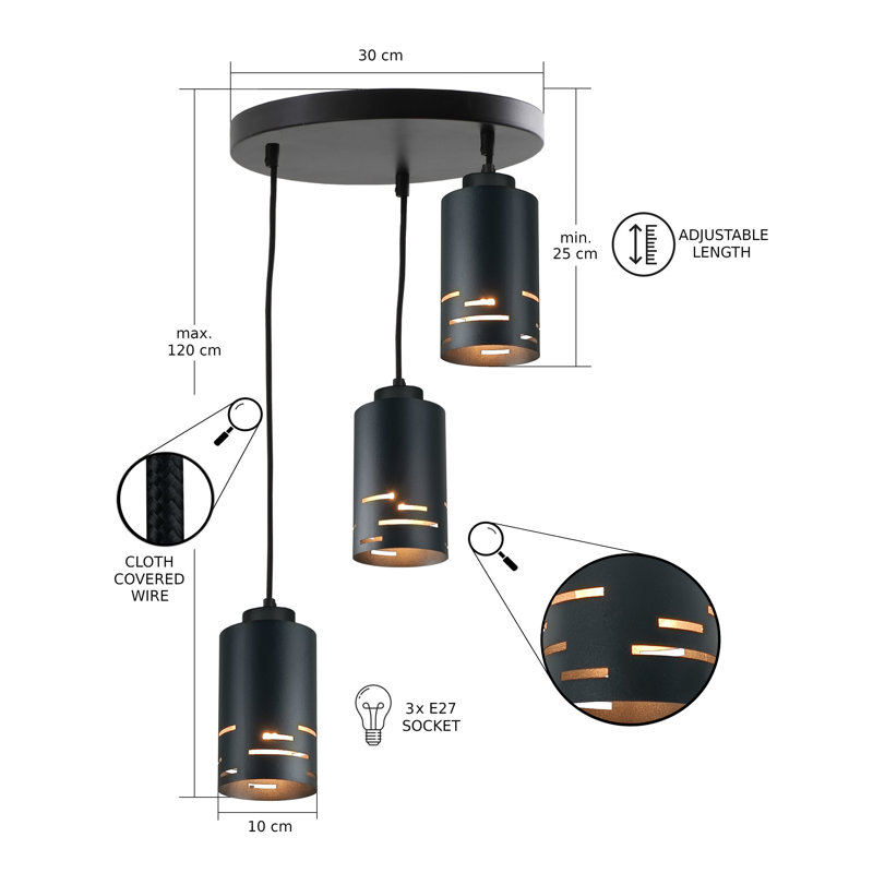 - Light Pendant, Black, 3 Lights