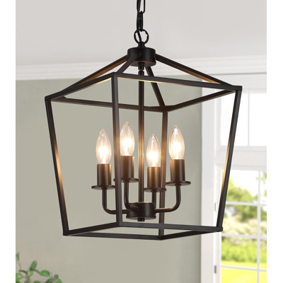 UL Listed Industrial Farmhouse Chandelier - 4 Light Black Metal Cage Pendant Light Fixture For Kitchen Island, Dining Room, Entryway, Hallway And Staircase
