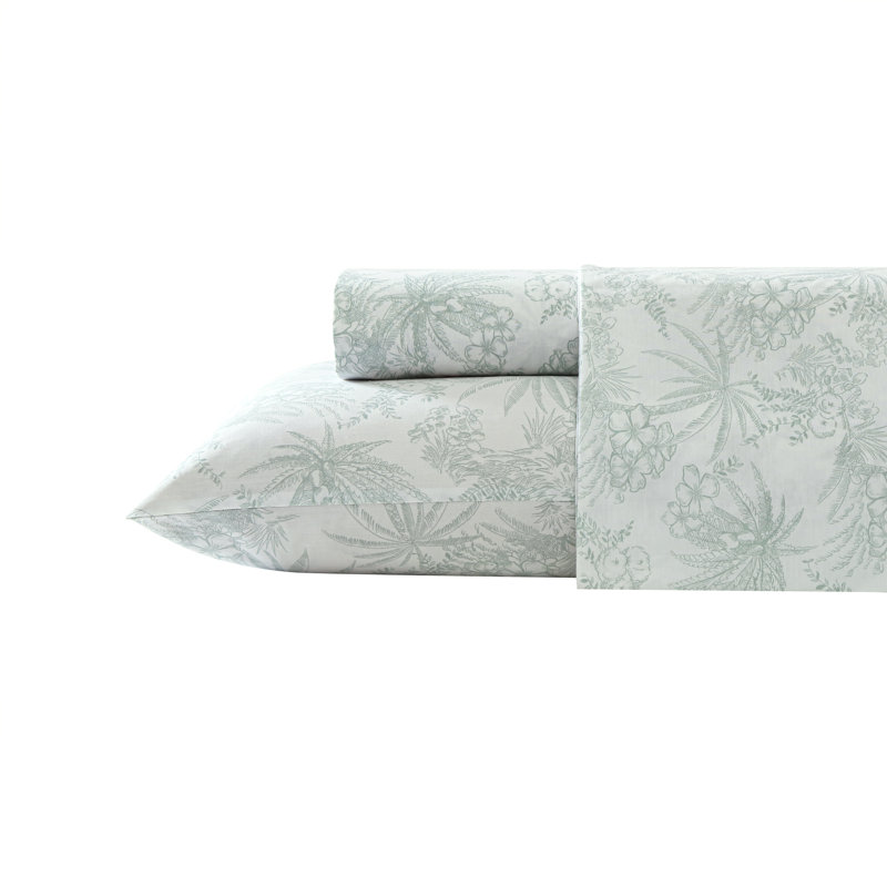 Tommy Bahama Printed Percale Cotton Sheet Set, King Sheet Set with 2 Pillowcases, Green Pen and Ink