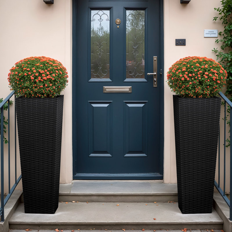 2-piece 24"/32"H Plastic Planter Box Set, Imitation Wicker Tall Planter Pots, Black, 32" H x 11.6" W x 11.6" D