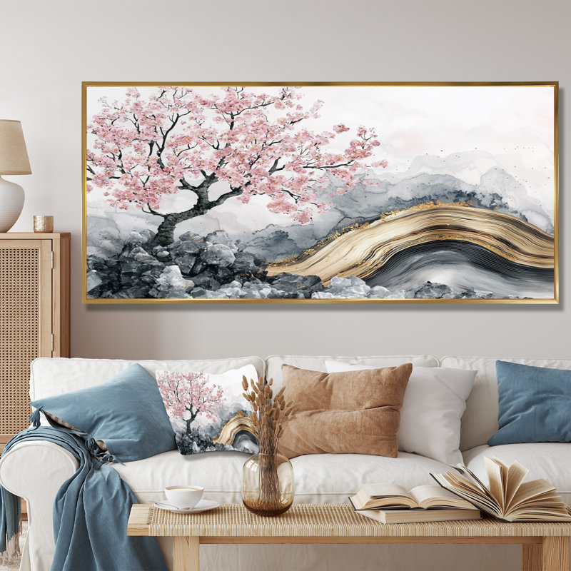 Marbre cerisiers en fleurs, poésie des pétales II - art mural cerisier en fleurs, H 28 po x l 60 po, Cadre flottant, Doré