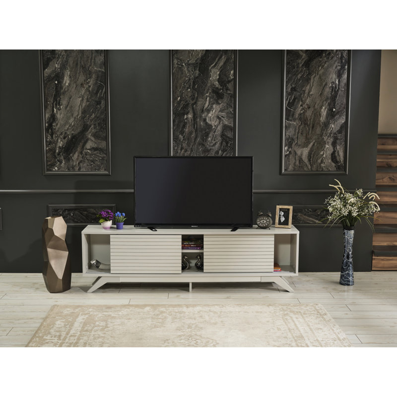 Meuble télé Store Mid Century Modern gris de 67 pouces avec 2 armoires à portes coulissantes et tablettes