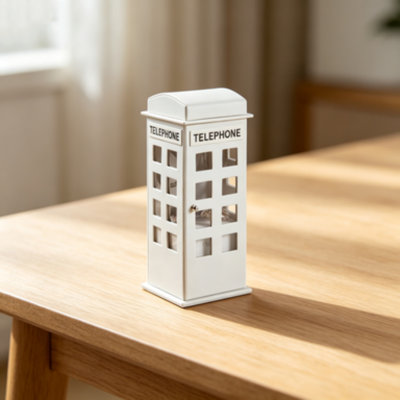11.5" Tall White Leather Jewelry Box, British Telephone Booth Design with 8 Acrylic Clear Windows, Multi-Drawer Ring Jewelry Storage Organizer