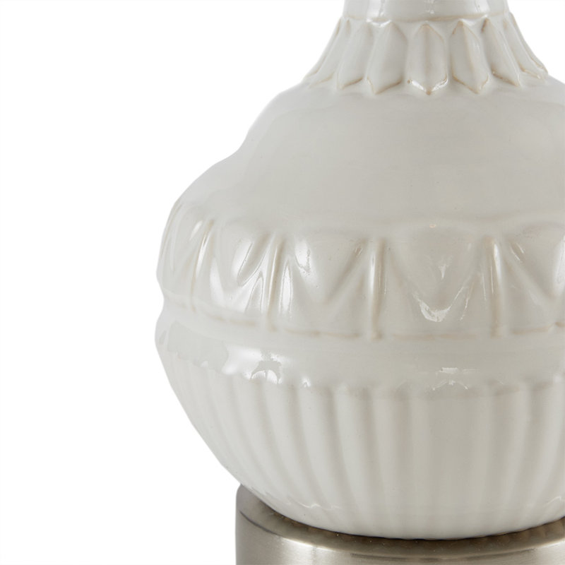 White Ceramic Boho Table Lamp with Tapered Drum Shade