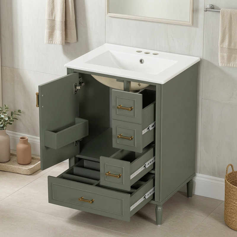 Meuble-lavabo en bois 24 po avec lavabo, poignées, tiroirs et porte 24 po , Vert olive