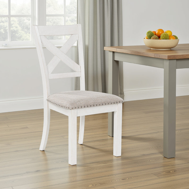 Ensemble de 2 chaises d'appoint de salle à manger Lea, bois blanc classique, polyester gris