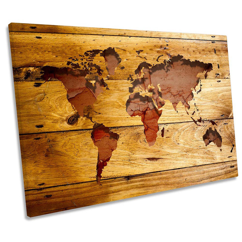 Map World Wooden Effect - Wrapped Canvas Print, 61cm H x 91.4cm W x 4cm D