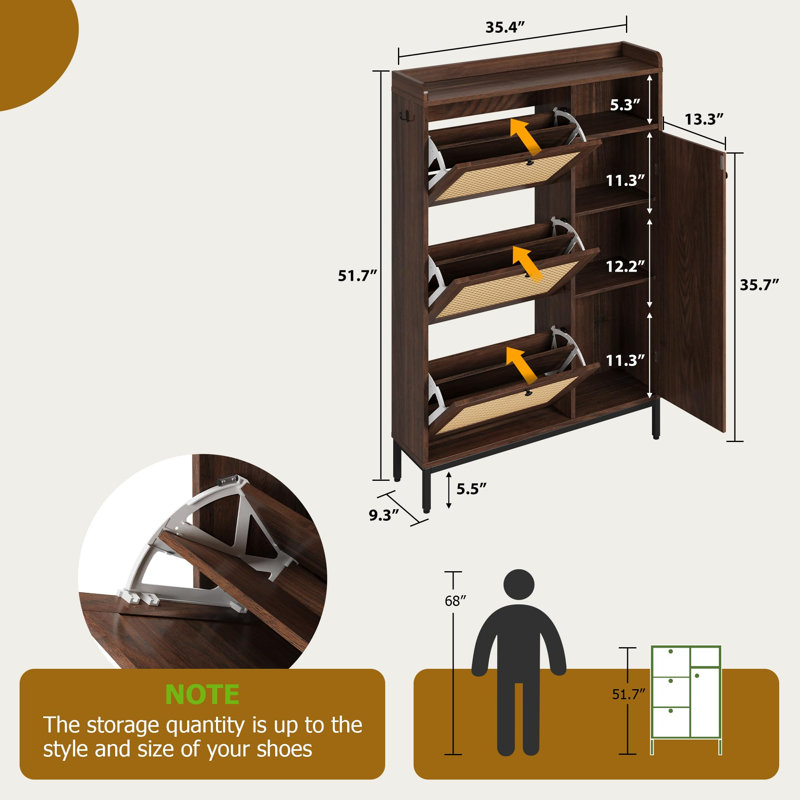 Shoe Cabinet with 3 Flip Drawers, 4-Tier Adjustable Shoe Storage Rack with Rattan Doors, Narrow Freestanding Organizer for Entryway, Hallway, or Closet