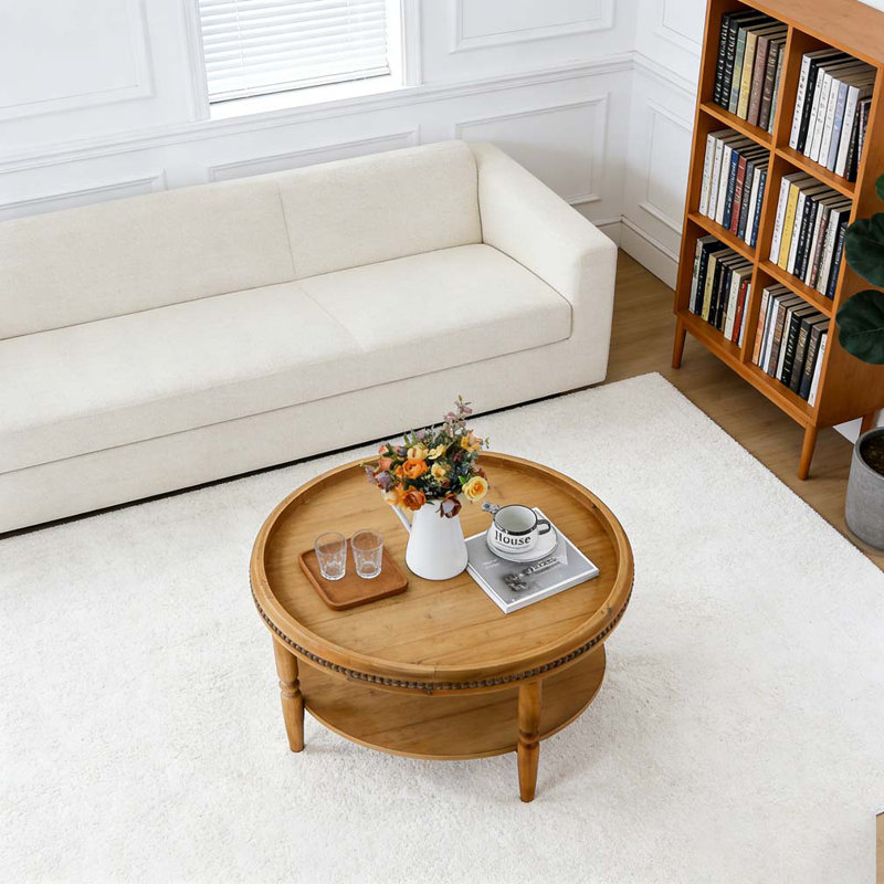 31.3" Round Boho Coffee Table with Storage Shelf