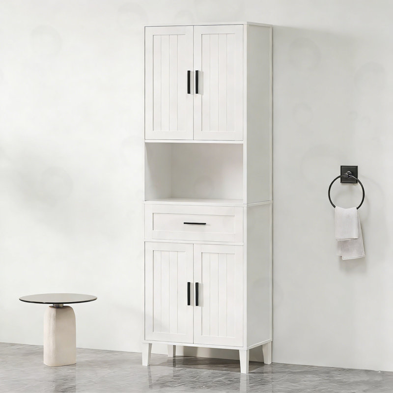 Grande armoire de salle de bain avec tiroir et 2 armoires, Blanc/Noir