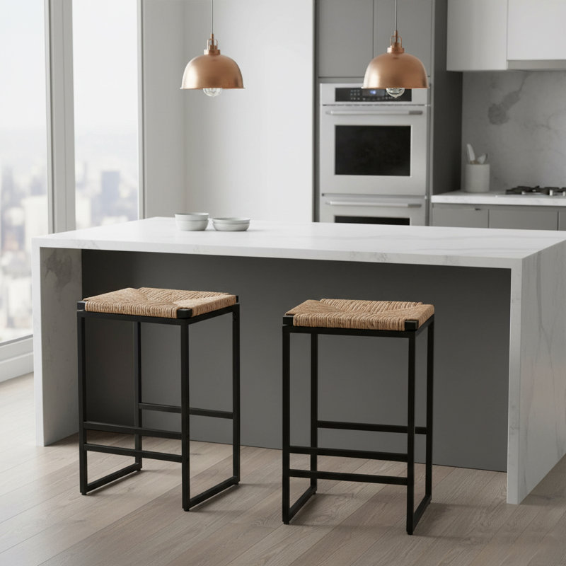 Set of 2 Industrial Style End Tables with Wooden Tabletop and Metal Frame