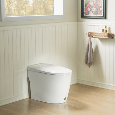 Modern One-Piece Toilet with Pressure-Assisted Flush, Hands-Free Foot Kick Flush, 1.0 GPF Water-Saving, Soft Close Seat, Standard White Toilet