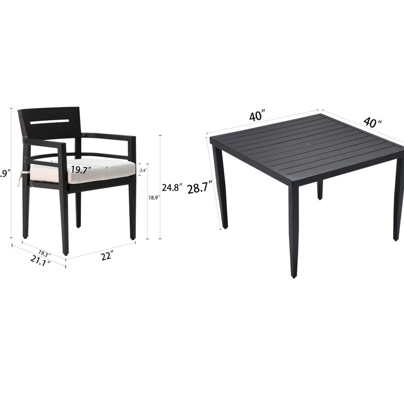 Outdoor Patio 5 Dining Ensemble - Aluminum, 4 Swivel Rockers, 40" Square Table, Cushions, Ember Black Grandeur Modern Aluminum Frame, Rocker Chairs & Table Cushions
