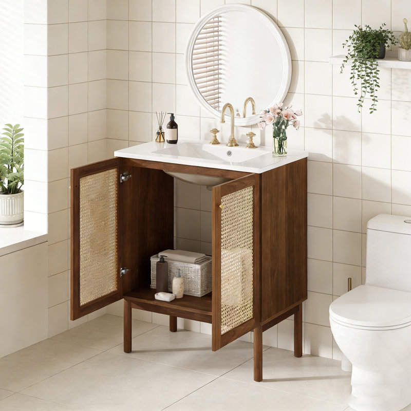 Meuble-lavabo avec lavabo, 2 portes et poignées en métal, Noyer foncé