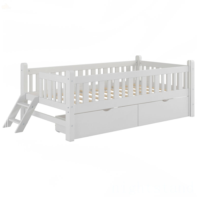 Lit plateforme en bois avec garde-corps et 2 tiroirs, Blanc