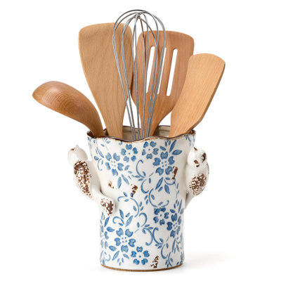 Utensil Holder for Kitchen Counter, Modern Farmhouse Cooking Utensil Holder and Crock Home Kitchen Decor, Ceramic Utensil Organizer, (Blue and White)