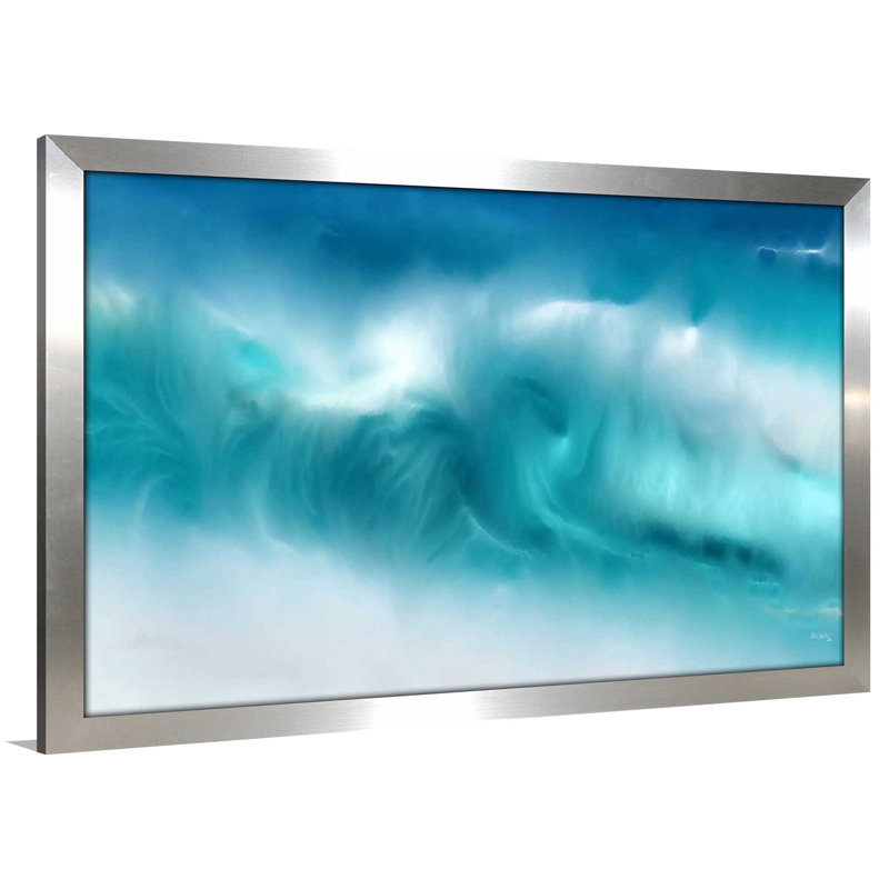«Blue Ocean Waves on the Beach Panoramic», reproduction d'art sur toile encadrée, Encadrement argenté
