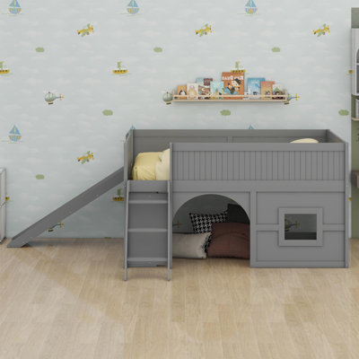 Wooden Low Loft Bed With Storage Shelves And Slide