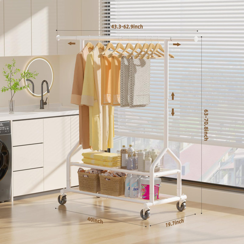 Adjustable Rolling Clothing Rack, White